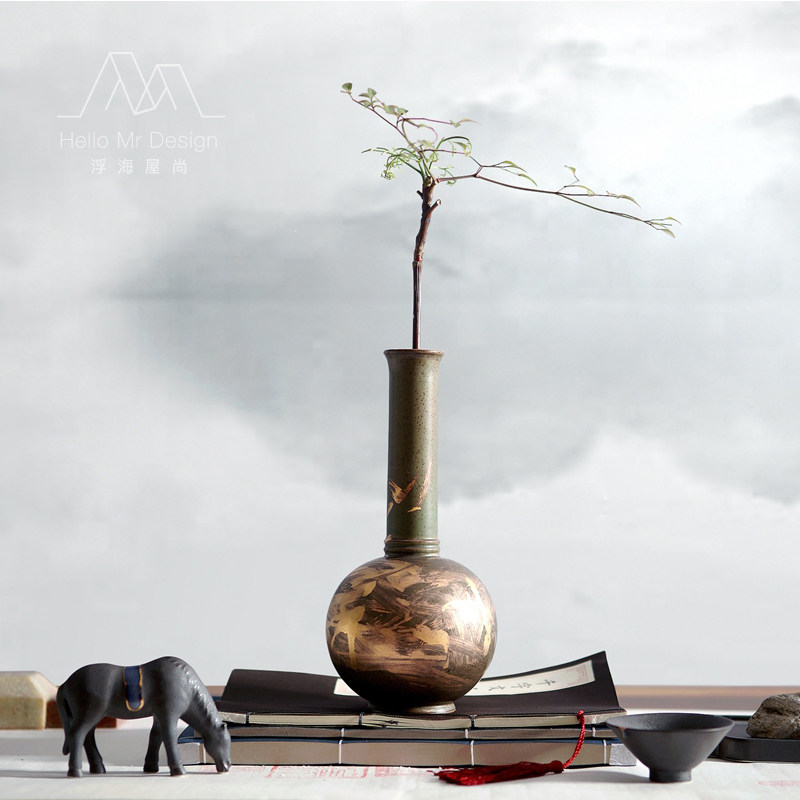 New Chinese Meditation Ceramic Sketching Vase Swing room Book Room Xuanguan Family flower arrangement Dry flower decoration Furnishing