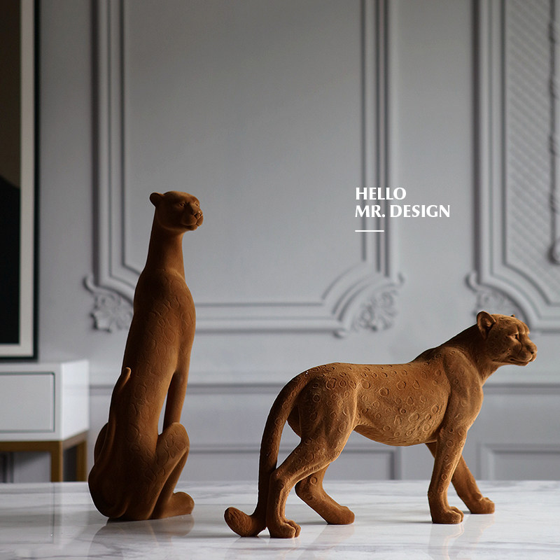 European modern light luxury vintage brown flocked jaguar ornaments creative model room home resin decorations