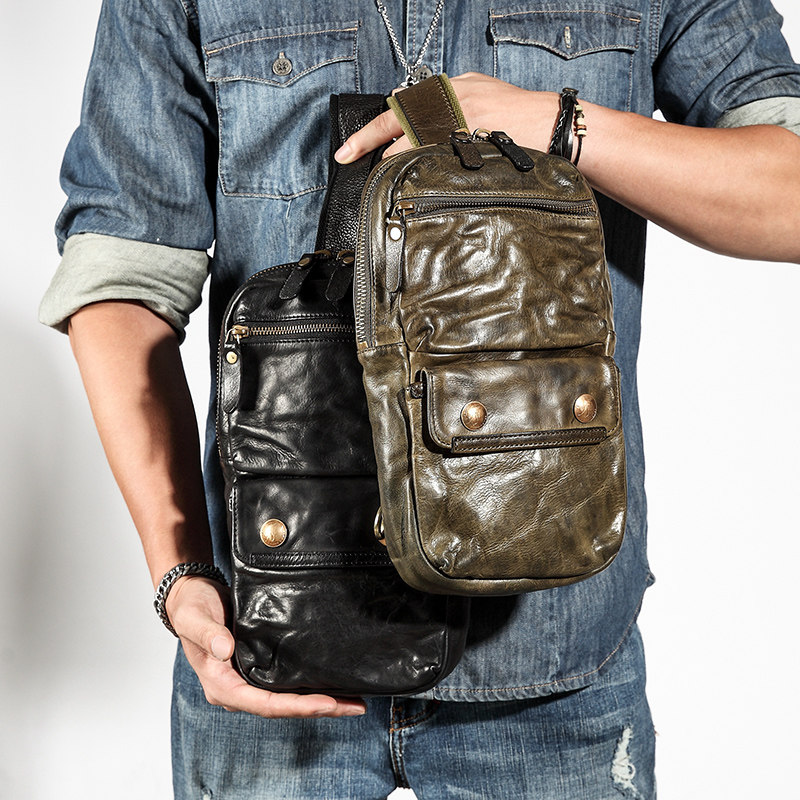 Men's Chest Bag Genuine Leather Fold Top Layer Cowhide Vegetable Tanned Leather Retro Ami Khaki Bag Men's Personality Super Trendy Brand Men's Bag