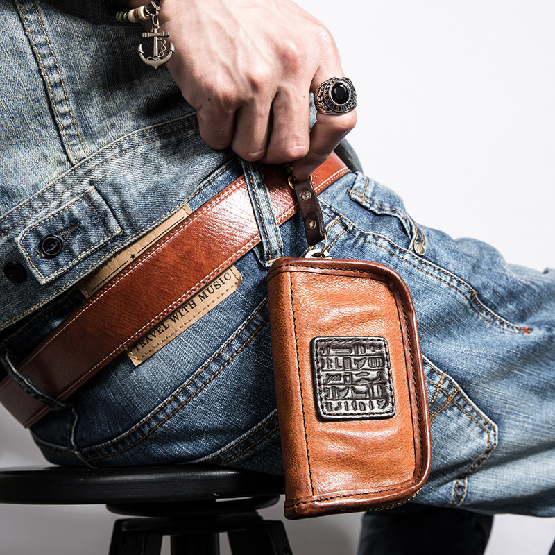 Home door key bag genuine leather men and women retro Ami khaki leather car key universal personality creative