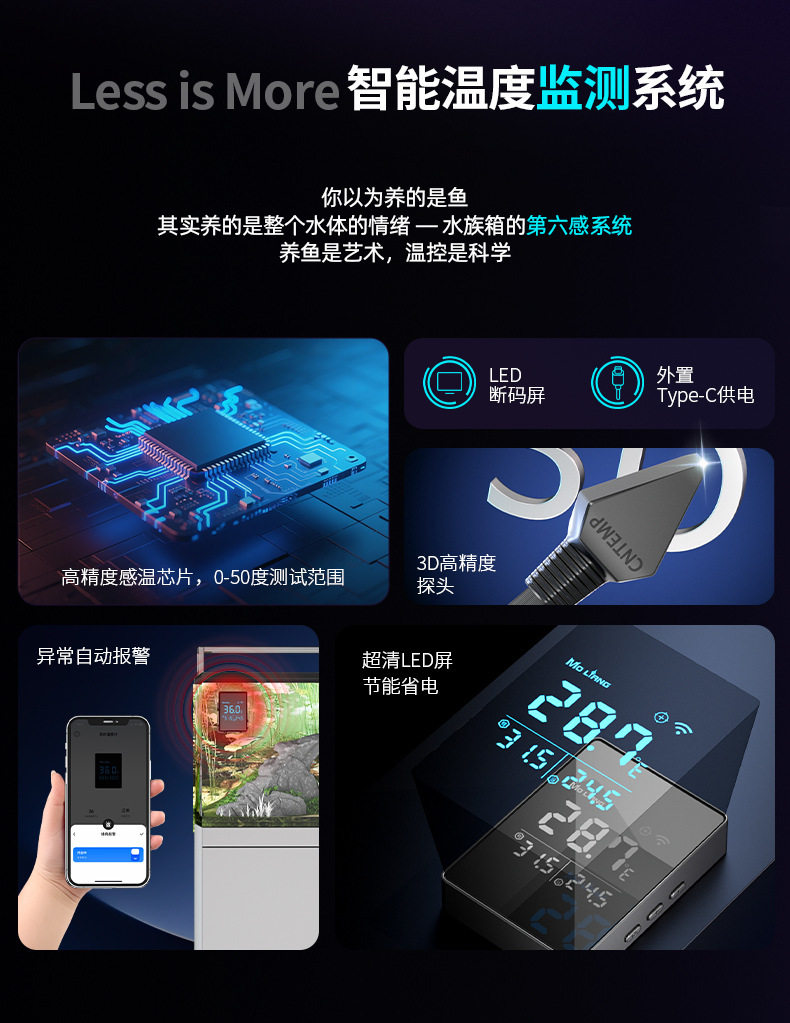 Термометр для аквариума 沫凉鱼缸温度计水族专用探头水温计智能wifi远程监控温度海缸可用