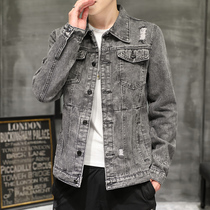 Ripped denim jacket mens spring and autumn Korean slim casual top retro trend handsome tooling jacket