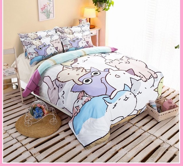 Mèo dễ thương phim hoạt hình gia đình bốn 1,5m tấm giường chà nhám áp dụng doanh nghiệp giường ký túc xá Single Suite - Bộ đồ giường bốn mảnh chăn ga forever