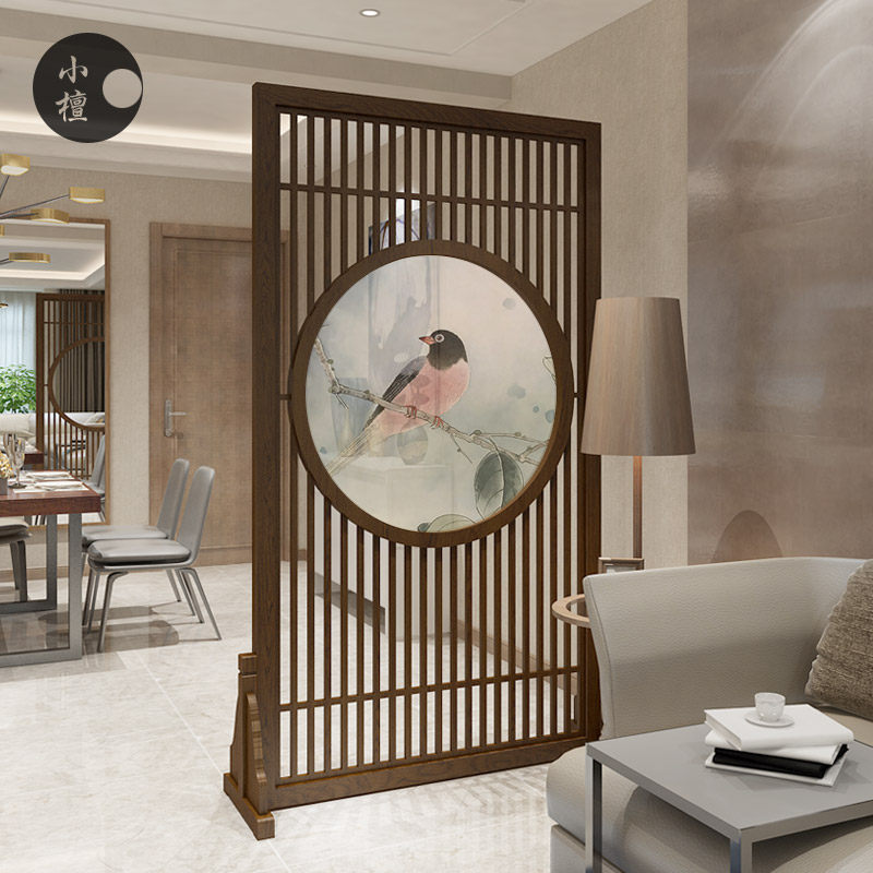 Solid wood screen partition living room hotel modern new Chinese style simple calligraphy and painting fence hollow removable fabric seat screen