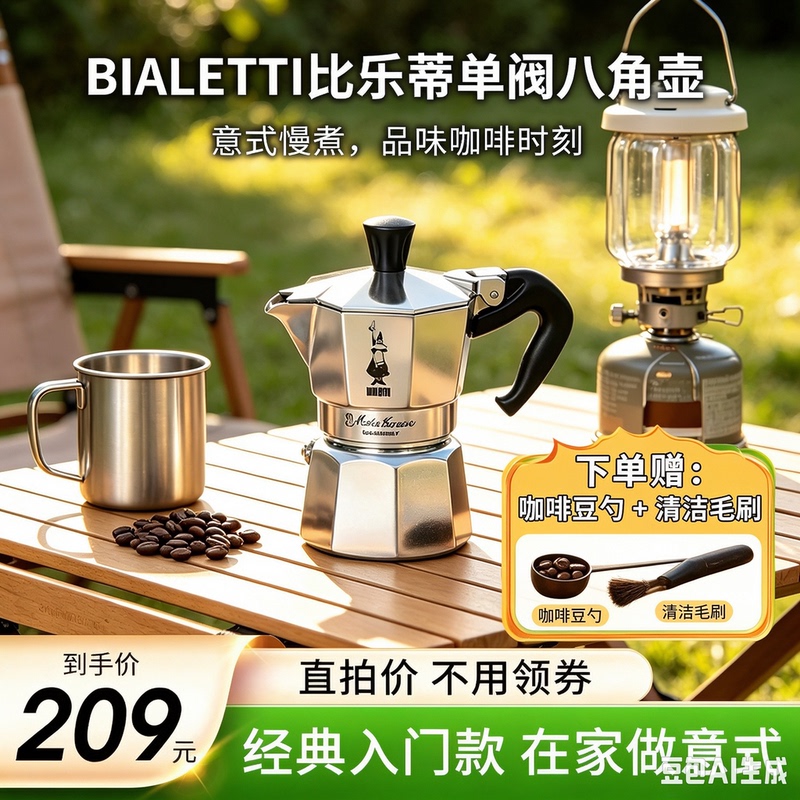 Bialetti Classic Moka Pot Single Valve 2-Cup Octagonal Pot Home Use Entry-Level Italian Coffee Maker
