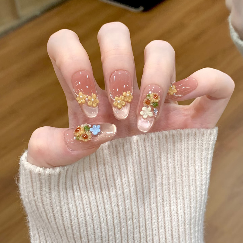 Spring and Summer New Style Ice-Clear Three-Dimensional Sunflower Flower Cat-Eye Handmade Wearable Nails, Gentle and High-End Nail Art Patches Spring and Summer New Style Ice-Clear Three-Dimensional Sunflower Flower Cat-Eye Handmade Wearable Nails, Gentle and High-End Nail Art Patches