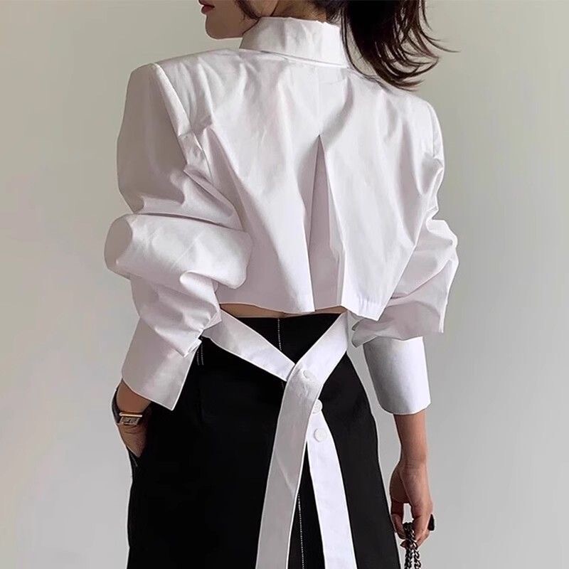 2026 Spring Korean Style New Fashion Versatile Niche Waist-Cinching Backless Hollow Lace-Up Slim Fit Shirt Top for Women