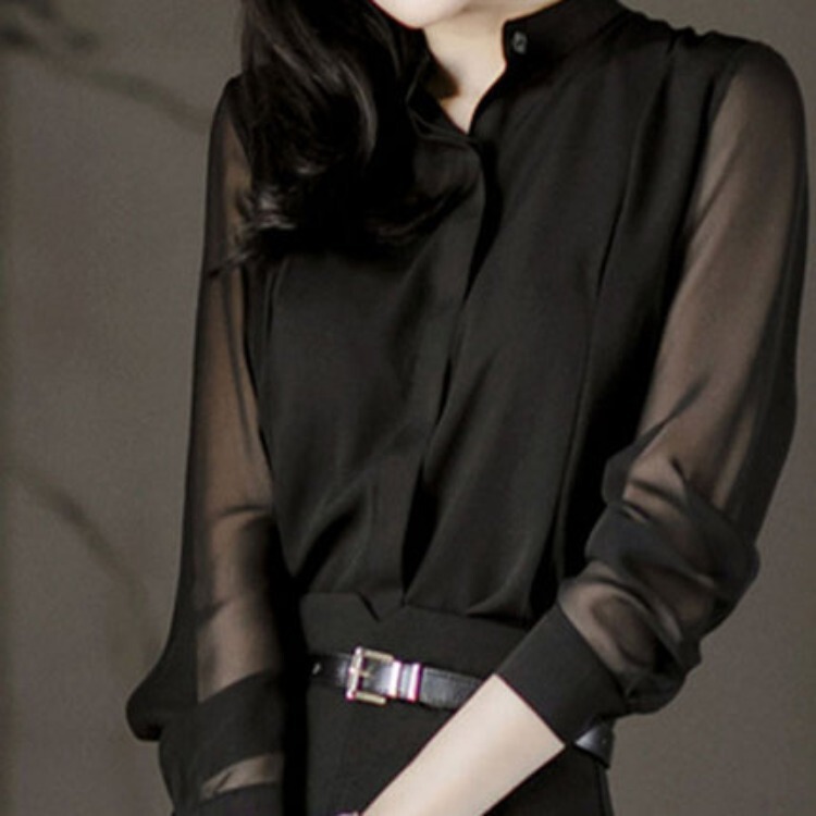 Black Mesh Chiffon Shirt for Women, Fashionable and Elegant, Professional Formal Wear, Spring and Autumn Korean Style Long-Sleeved Shirt Ol