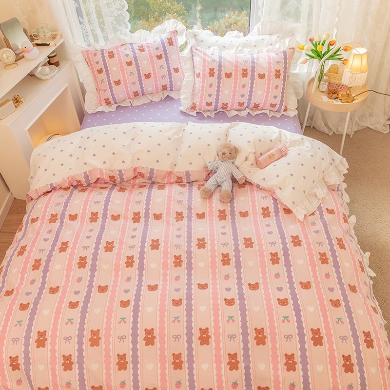 ins girl heart princess wind bed skirt pure cotton four pieces full cotton side quilt cover student dormitory three sets of bed products