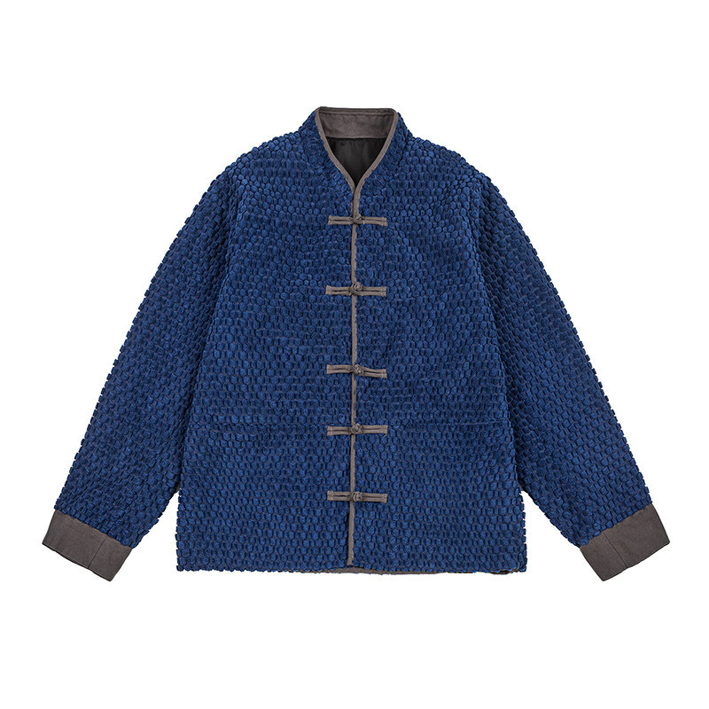 Navy Blue Plush Thickened Jacket for Men, New Chinese Style Stand Collar with Traditional Buttons, Chinese Style Pattern Embossed Design Coat