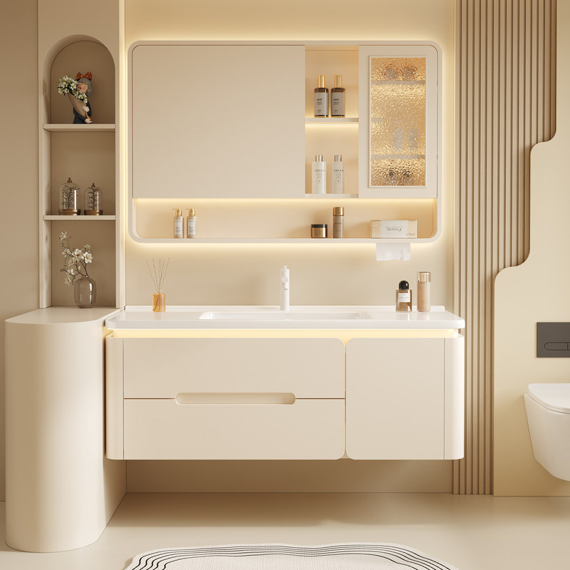 Cream-Colored Hidden Folding Feng Shui Mirror with Rounded Corners Bathroom Cabinet Combination Ceramic Integrated Basin Washstand Cream-Colored Hidden Folding Feng Shui Mirror with Rounded Corners Bathroom Cabinet Combination Ceramic Integrated Basin Washstand