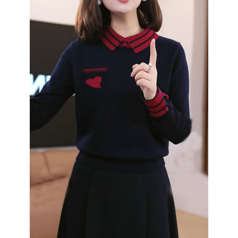 New Autumn and Winter Navy Blue Polo Collar Long-Sleeved Knitwear for Women, Contrasting Color Lapel Pullover, Stylish and Age-Reducing Slimming Top