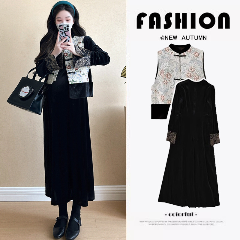 Maternity Dress Spring and Autumn 2026 New Style New Chinese Style Buttoned Vest Velvet Long Skirt Set Autumn Two-Piece Set