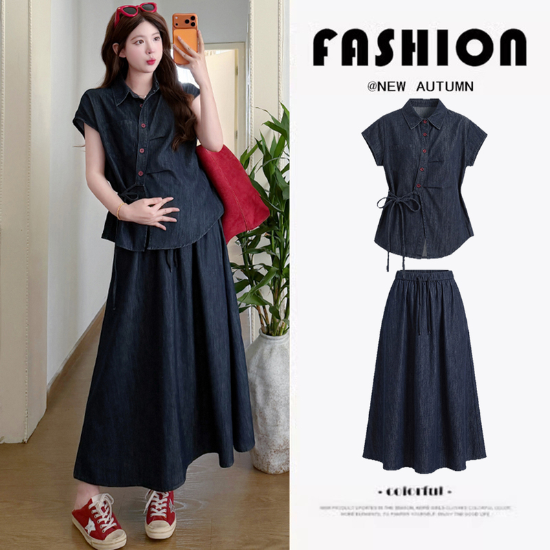 Maternity Suit Summer 2026 New Casual Loose Belly-Covering Short-Sleeved Denim Shirt Top and Skirt Two-Piece Set