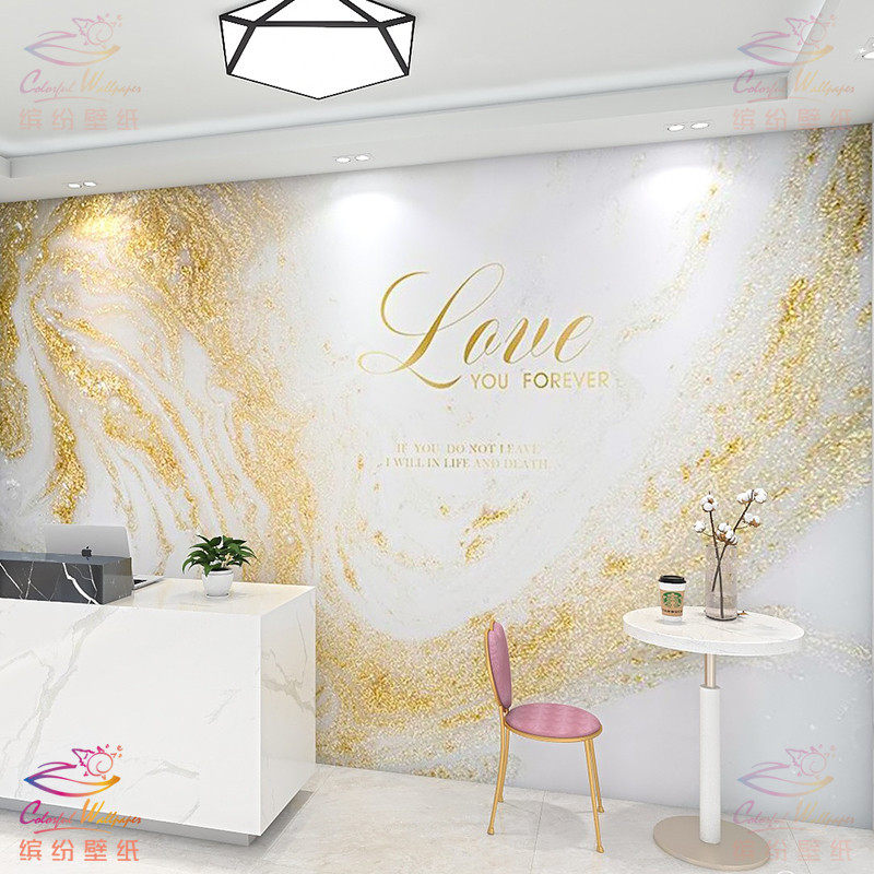 Simple beauty salon nail shop front desk wallpaper 3d light luxury golden marble net red skin management wallpaper