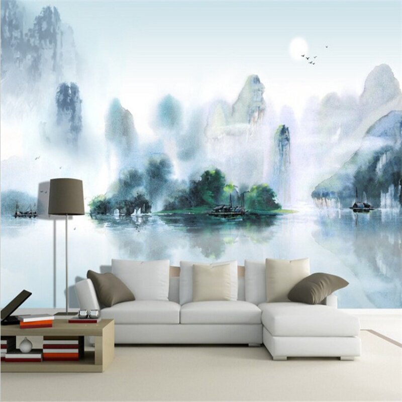 Chinese landscape landscape wallpaper bedroom atmosphere sofa background mural living room abstract ink wallpaper seamless wall covering