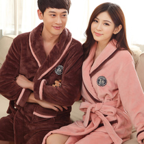 Thickened flannel couple nightgown bathrobe Autumn and winter coral velvet home wear pajamas Long-sleeved mens and womens yukata