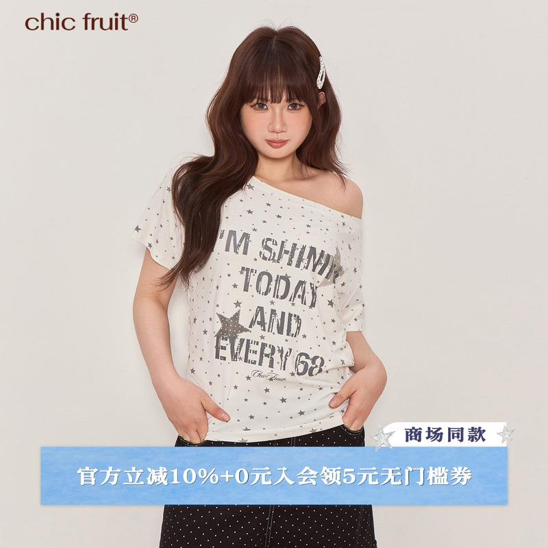 Chic Fruit Plus-Size Women's Printed Short-Sleeve T-Shirt, Large Size, Fat Mm, Tummy-Covering Summer Top with Slanted Shoulders