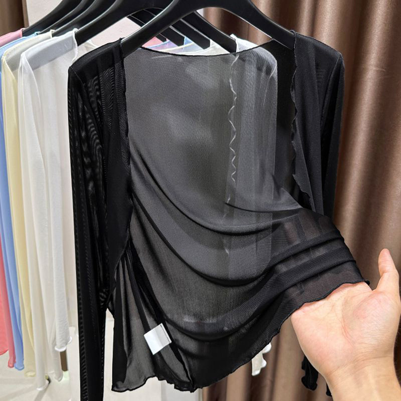 Black Lace Vest Long-Sleeved Cardigan for Women, Summer Plus Size Shawl, Sun Protection Top, Outerwear, Sheer Gauze Blouse Jacket