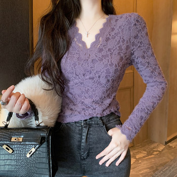 Brushed Fleece Lace Base Shirt for Women, Autumn and Winter, Chanel-Style V-Neck, Pure Desire Puff Sleeves, Inner Layer Top, Hollow-Out Blouse