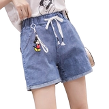 Джинсовая юбка, шорты, мультяшные штаны для школьников, эластичная талия, сезон 2021, в корейском стиле, с вышивкой, свободный прямой крой, высокая талия