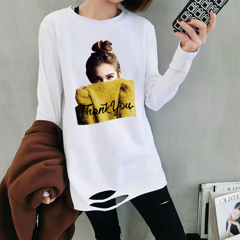 Long version long sleeve T-shirt woman in the tide card 2021 spring autumn loose white 100 lap pure cotton printed blouse for the bottom shirt t