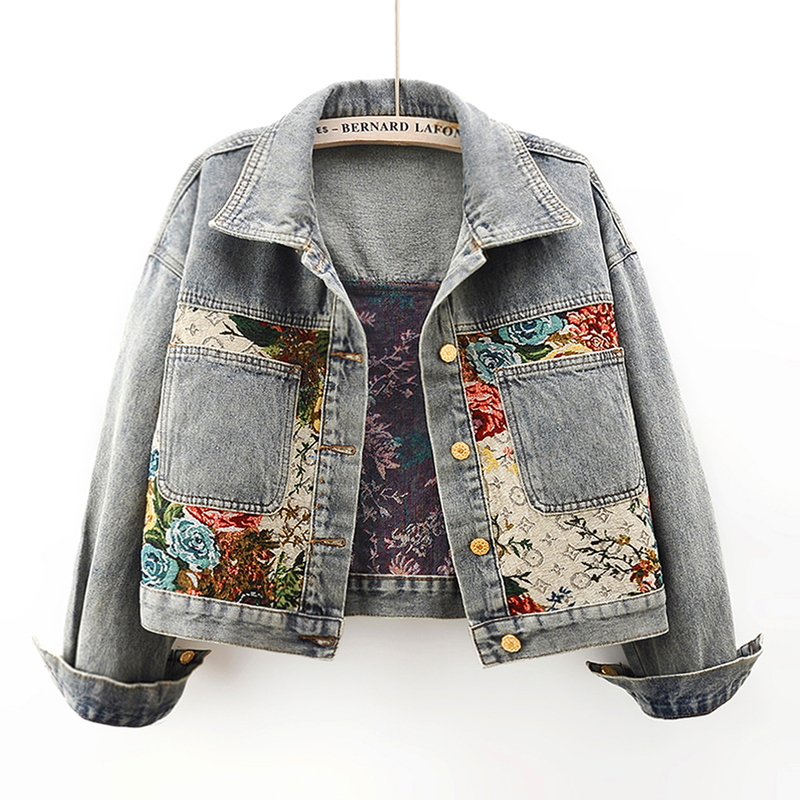 Trendy Long-Sleeved Denim Jacket for Women, Short Style, 2026 Spring and Autumn New Design, Jacquard Patchwork, Loose-Fitting Jacket Top