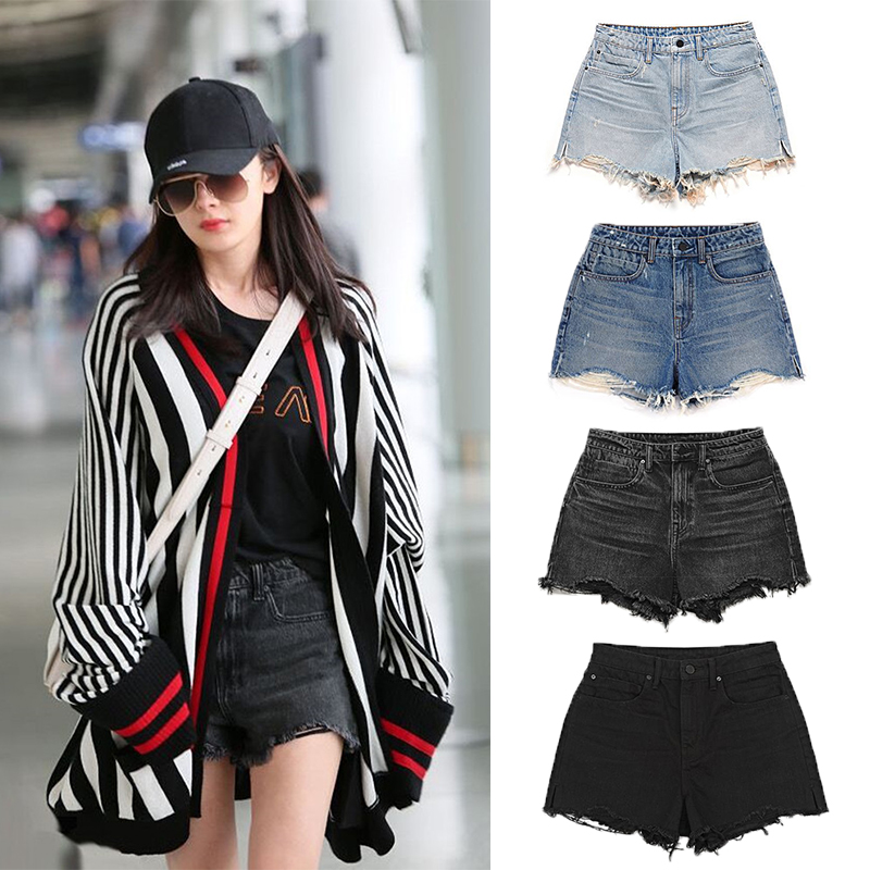 Tide-card stars Yang power Tongtong 2022 Summer high waist breaking hole 100 hitch black denim shorts female casual wide pants