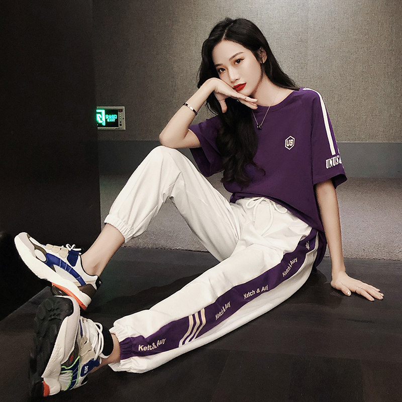 Tide Card Casual Sports Suit Women 2020 Summer New Fashion Short Sleeve T-shirt Tooling Foreign Pie Cut two sets