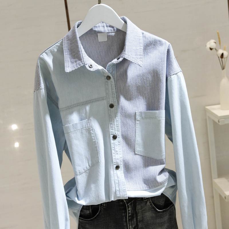 Tide Card Light Blue Striped Splicing Denim Shirt Woman Long Sleeve 2022 Spring New Loose 100 lap over wearing shirt
