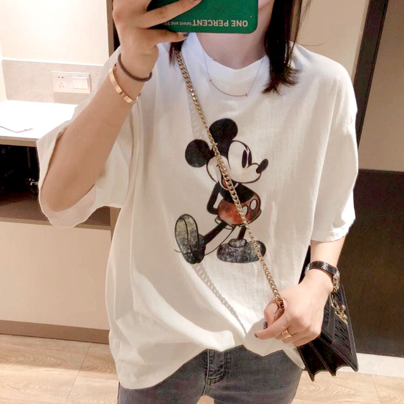 Tide Card Short Sleeve T-shirt Woman 2021 Summer years New women's clothing Han version loose round collar white mesh red-bottom blouse