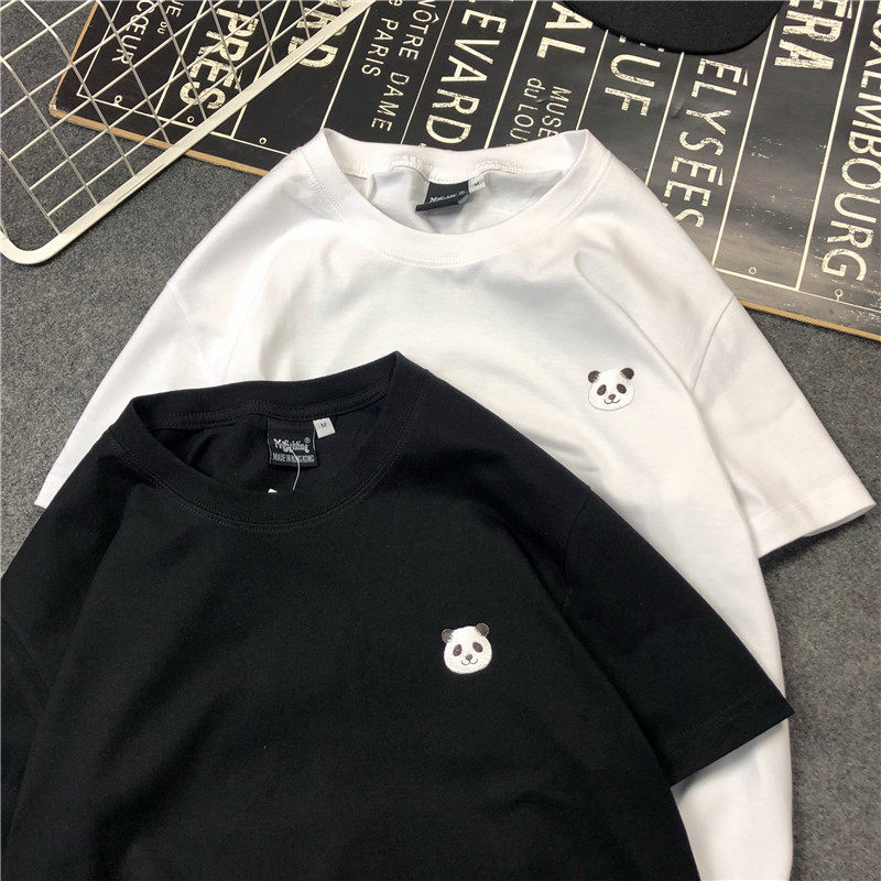 Tide card 2021 Summer embroidery 100 lap pure cotton cartoon panda short sleeve T-shirt round collar loose lovers men and women half sleeve t