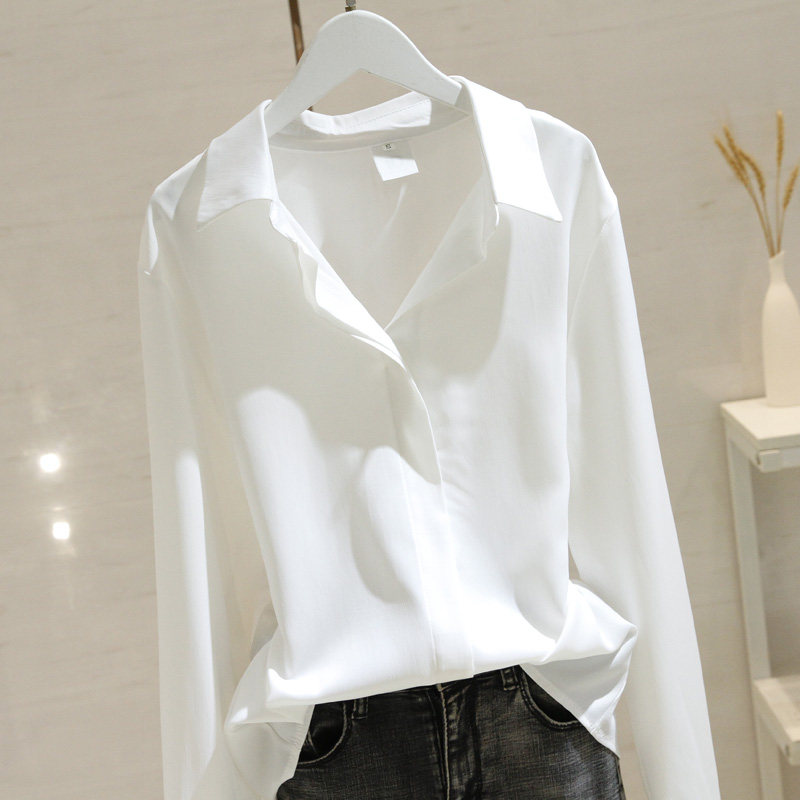 Tide Card White V Collar Shirt Woman Long Sleeve 2022 Spring Design Sensation Small Crowd 100 Hitch Slim Fit Satin Top