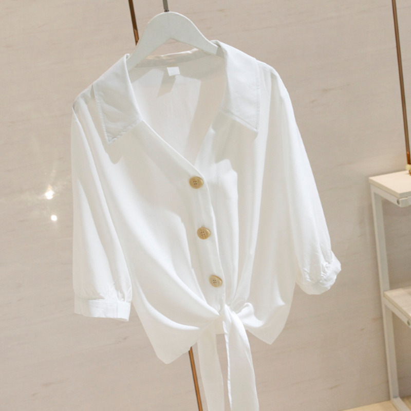 Tide Cards 2021 Spring Autumn New White V Collar 50% Sleeves Shirt Woman Loose thin and thin sunscreen Lace Shirt