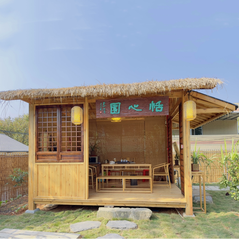 Outdoor Tea Room, Courtyard Landscaping Pavilion, Thatched Pavilion, Chinese-Style Wooden House, Villa Garden, Small Yard, Antique-Style Long Corridor