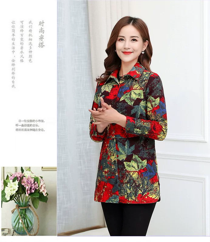 Áo sơ mi nữ trung niên mới chần áo mẹ mùa thu và mùa đông dài cộng với áo cotton 5060 áo sơ mi chạm đáy mẫu thời trang áo sơ mi nữ tuổi 50