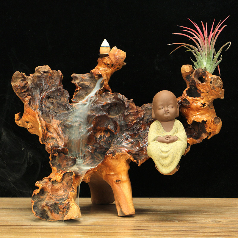 Natural tree root carving creative reverse flow incense burner Solid wood tree root Zen decoration Agarwood sandalwood incense burner High mountains and rivers