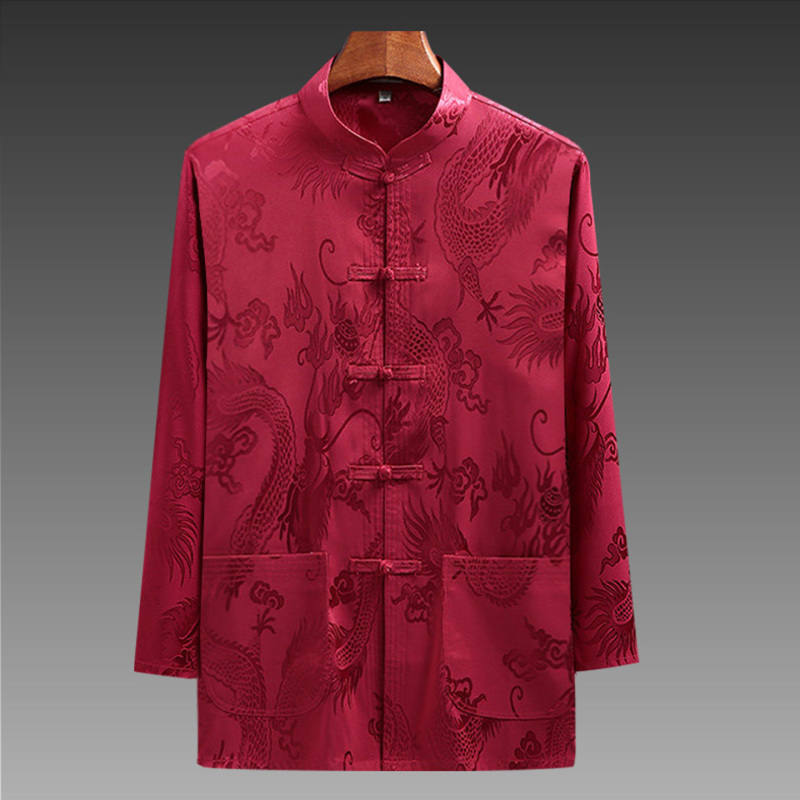 Elderly Man's Birthday Outfit, Grandpa's Summer Red Ice Silk Shirt, Dad's Summer Clothing, Middle-Aged and Elderly Tang Suit for Men, Long-Sleeved Elderly Man's Birthday Outfit, Grandpa's Summer Red Ice Silk Shirt, Dad's Summer Clothing, Middle-Aged and Elderly Tang Suit for Men, Long-Sleeved