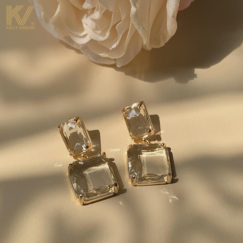 Transparent Earrings Lady Unique Square Crystal Earrings Pendant Pure Silver Needle Ear Clip Superior Feel Light Lavish Ear Pin