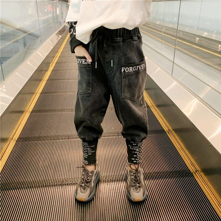 Children's cargo pants boys pants 2021 autumn/winter style handsome middle big boy jeans boys small leg pants plus velvet tide