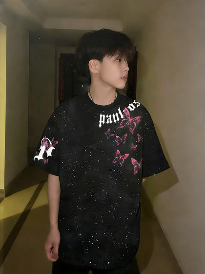 American High Street Heavyweight Pure Cotton Starry Sky Short-Sleeve T-Shirt for Boys, Summer Butterfly Print Trendy Brand Top for Teenagers