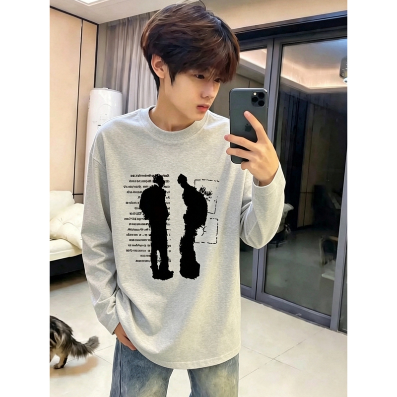 Heavyweight Pure Cotton American-Style White-Gray Long-Sleeve T-Shirt for Boys, 2026 New Autumn Youth Inner Wear Base Layer Top