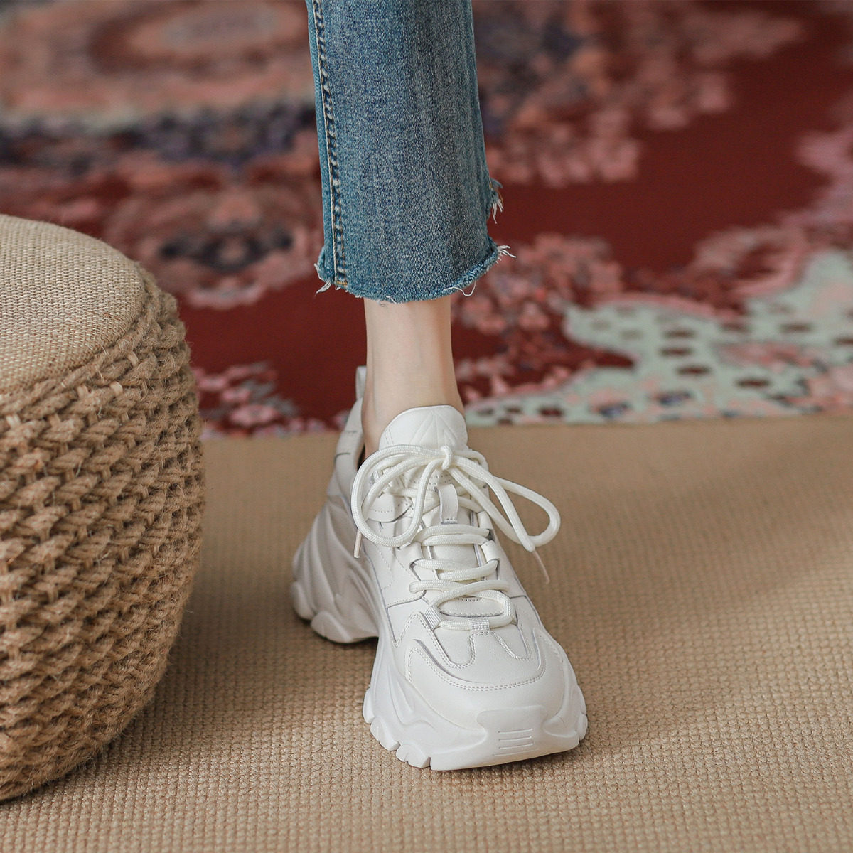 Bella Monroe ~ Walking elegance ~ 2023 Fall new genuine leather thick bottom casual retro old daddy XIE-Taobao