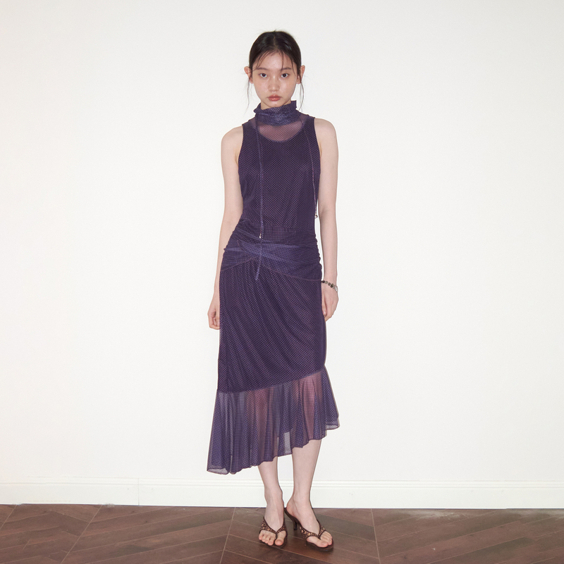 Sancuntai 3inch Moss Violet Polka Dot Bias-Cut Halter Neck Mesh Splicing Slim-Fit Mid-Length Dress