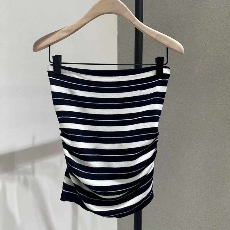 [Same Style as in Shopping Malls] 2026 Autumn New Vintage Striped Knitted Ruched Slim Short Tube Top Camisole