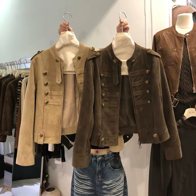 American-Style Napoleon Suede Jacket for Women, Spring and Autumn, Unique Design, Retro, Short, Slim-Fit, Very Stylish Jacket Top