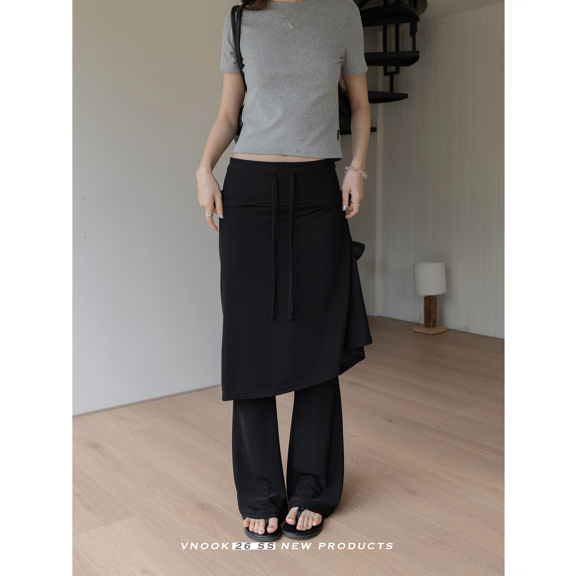 VNOOK черные широкие брюки-юбка с кулиской для женщин в стиле casual с драпировкой и стройнящим эффектом