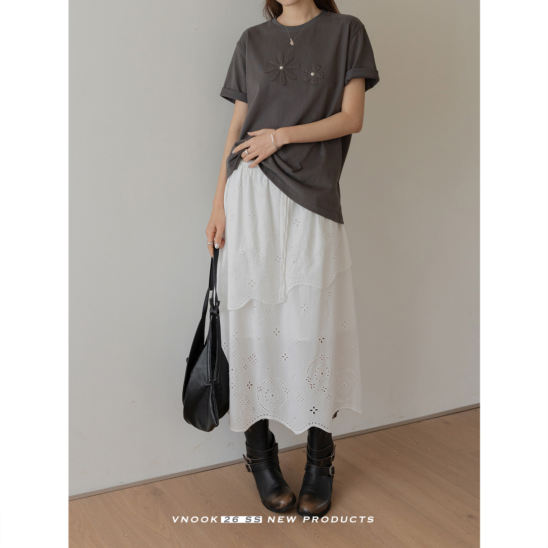 VNOOK женская футболка с круглым вырезом и аппликацией с вышивкой, новинка весна-лето 2026, трикотажная хлопковая свободная повседневная однотонная блузка с коротким рукавом