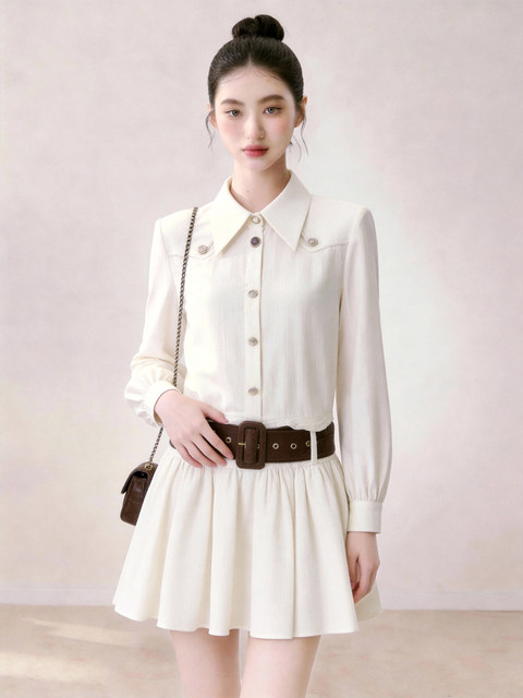 Elegant White Shirt Dress for Women, Waist-Cinching, with a Turn-Down Collar, New Trendy Style for Summer 2026