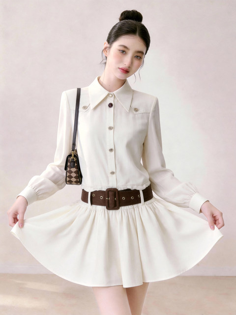 Elegant White Shirt Dress for Women, Waist-Cinching, with a Turn-Down Collar, New Trendy Style for Summer 2026